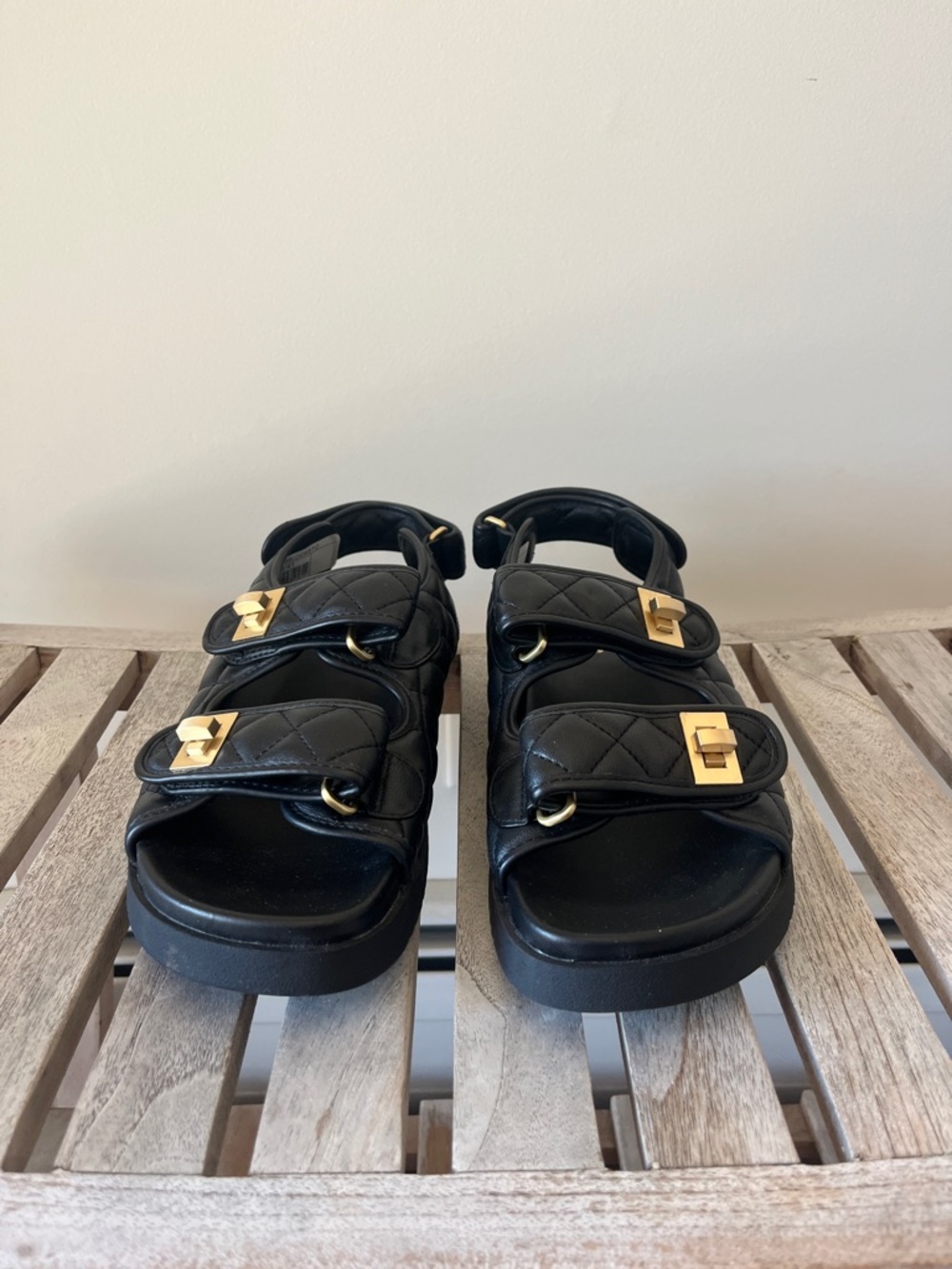 Dune London Quilted Black Sandals | Gold Hardware | Size 10 / EU 41